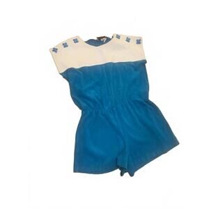 Vintage Gertrude Davenport Blue and White Women's Romper with Butterfly Buttons